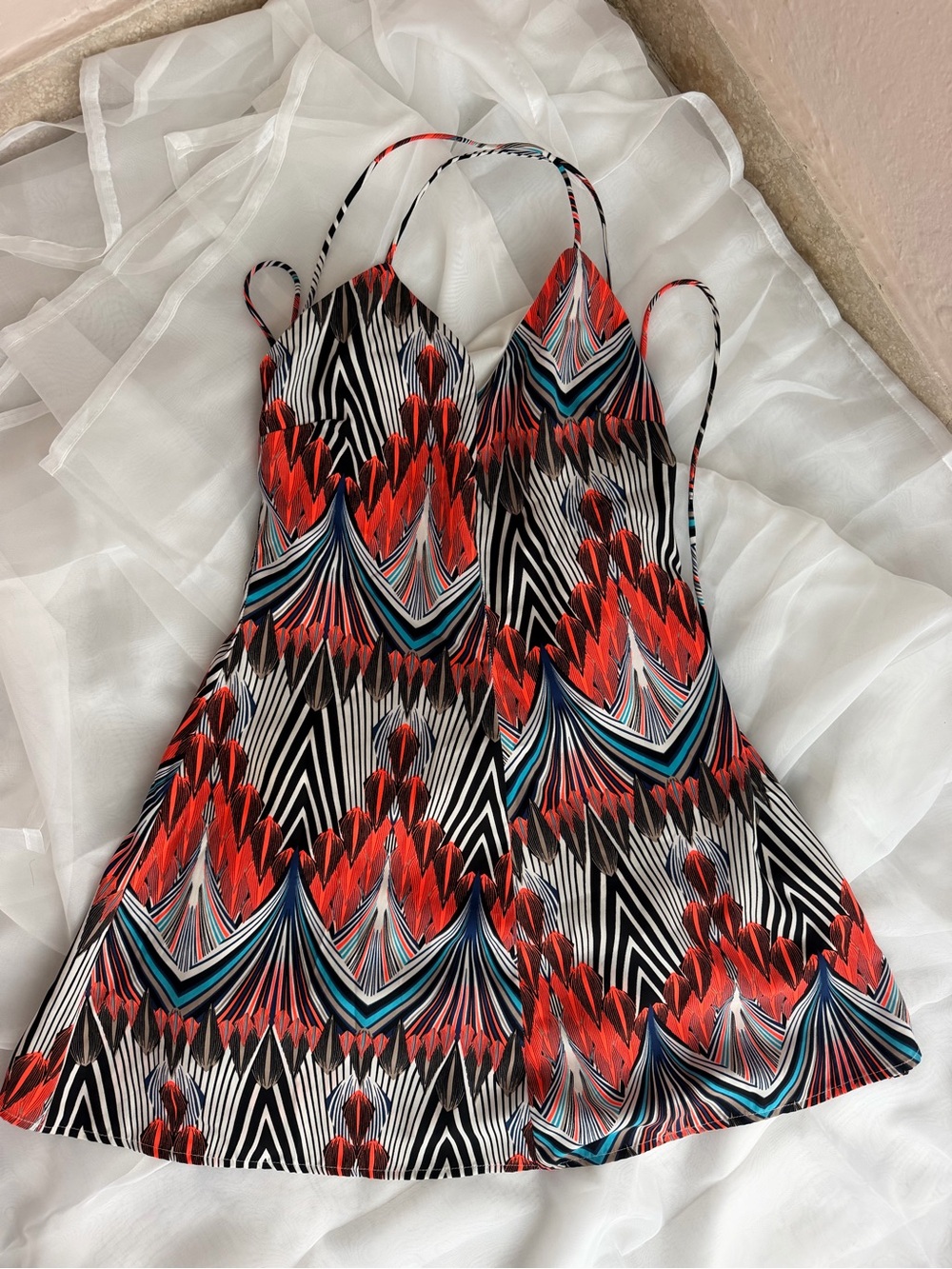 Women’s orange Patterned Slip Dress with crossed backless back and zipper